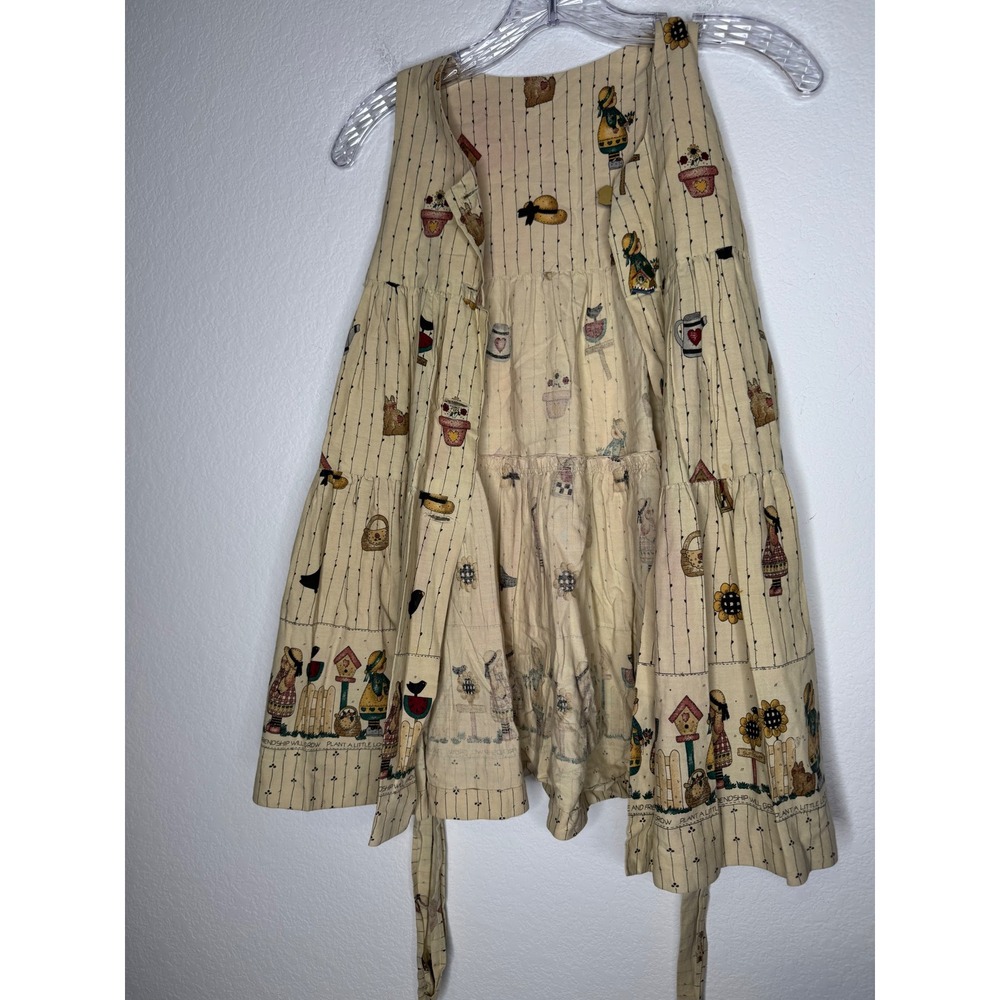 Vintage Girls Garden Friendship Birdhouse Tiered Dress Cream Sash Tie Sleeveless